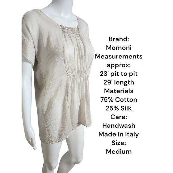 Momoni Medium Peasant Cotton Silk Sheer Lagenlook Blouse Beige Hi Low Hem Top - Picture 4 of 10